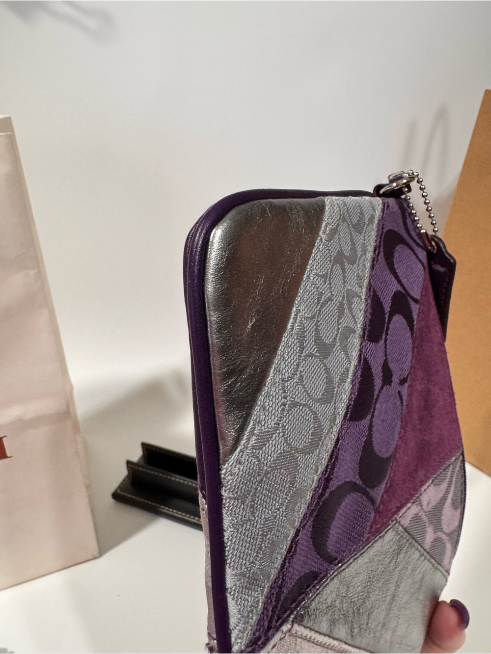Coach Purple Suede & Metallic Patchwork Wristlet Duo - Picture 12 of 16